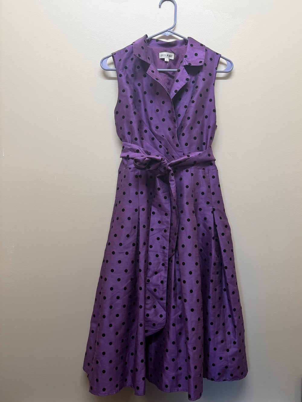 Vintage Gilani Purple Polka Dot Sleeveless Wrap Midi Dress